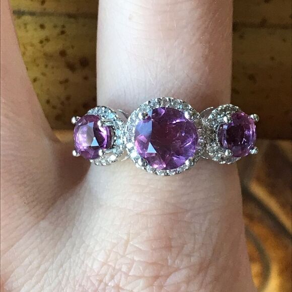 Natural Pink Fluorite Sterling Silver Trilogy Ring Size 8.75 - Picture 1 of 8